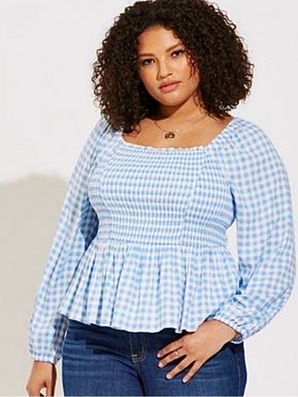 Torrid Light Blue Gingham Smocked Peplum Blouse Long Sleeve NEW Size 1X